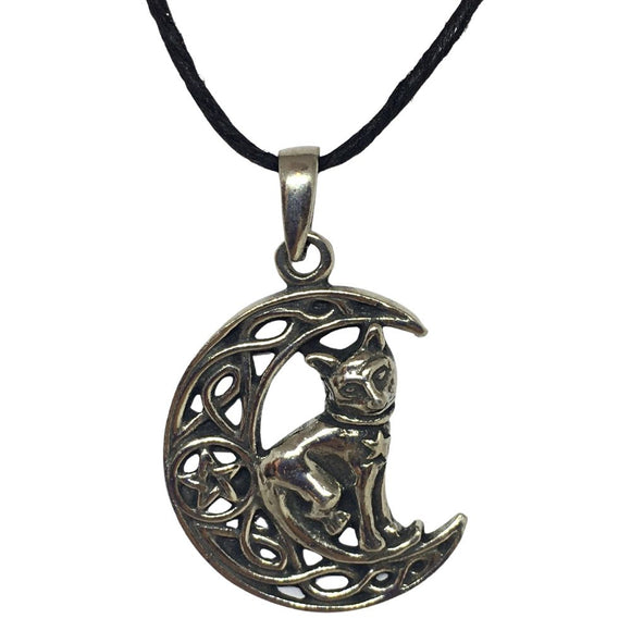 Pentacle of Cat on Moon Wiccan Sorcery Unisex Round Pewter Pendant Necklace 1.1L