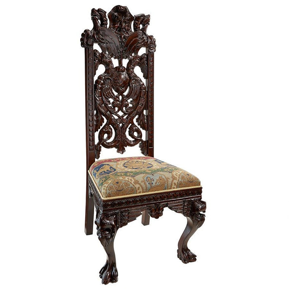 Knottingley Manor Chair Dark Walnut Handcarved Upholstered Castle High Back 49H
