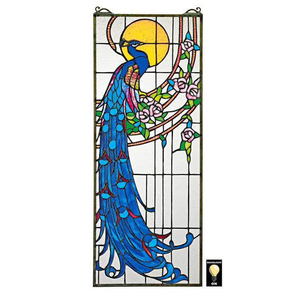 Peacock at Sunset Blue Yellow Stained Glass Window 25.5H x 10W