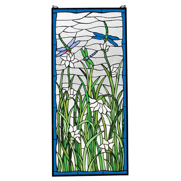 Dragonflies Dance Nature Green Blue Stained Glass Window 40H