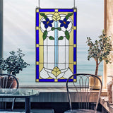 Blue Italian Primrose Flower Art Nouveau Rectangle Stained Glass Window 24H x 13.5W