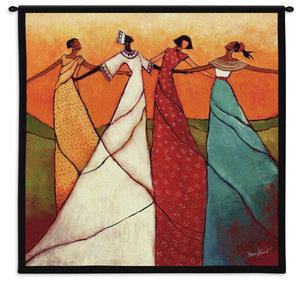 Four Women Linked in Arms Showing Unity Strength Togetherness Orange Red Green Woven Wall Tapestry 31x31
