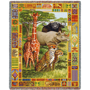 African Plains Giraffe Buffalo Rhino Cheetah Woven Tapestry Throw Blanket With Fringe 72x54
