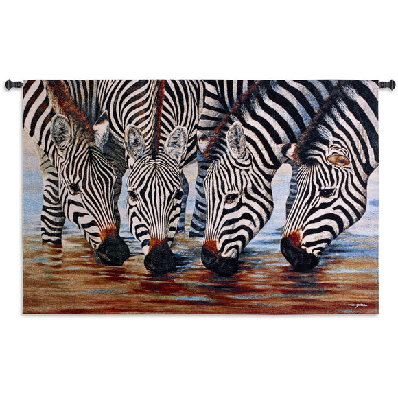 Four Zebras Drink from Stream Close View of Heads Pictorial Black White Woven Wall Tapestry 52x34