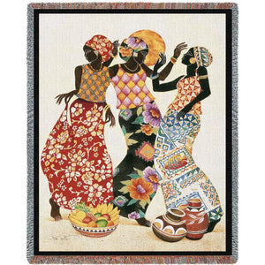 Carribbean Black Women Dancing Jubilation Woven Tapestry Throw Blanket with Fringe Cotton 72x54