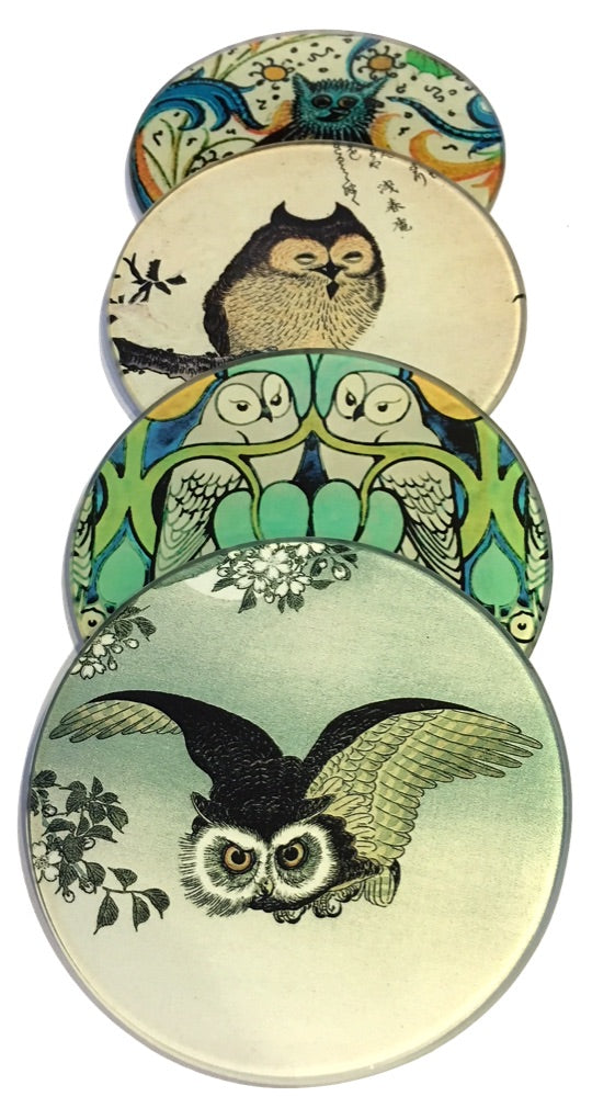 Owl Paintings Glass Drink Bar Coffee Table Coasters Set of 4 with Storage Stand