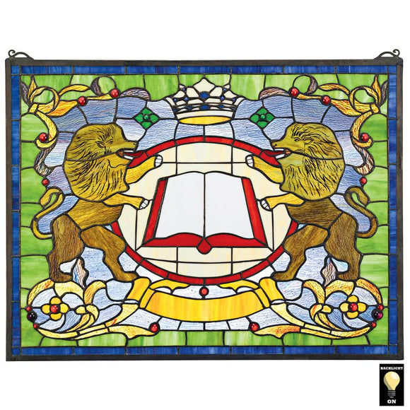 Lion Coat Of Arms Castle Man Cave Green Gold Stained Glass Window 19H x 25W
