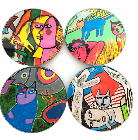 Corneille Cat Paintings Bold Colors Dream Bar Drink Glass Coasters Set of 4
