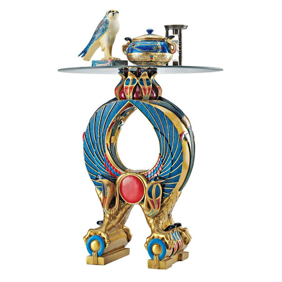 Wings of Horus and Serpents Blue Gold Egyptian Altar Side Table with Glass 19.5H