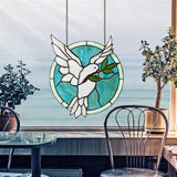 Dove Of Peace White Teal Round Stained Glass 14H x 12W