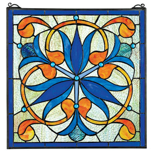 Mokara Orchid Trefoil Floral Stained Glass Window Blue Orange Flower Pattern 17H