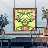 Nouveau Lily Green Yellow Pink Square Stained Glass Window 17H x 17W