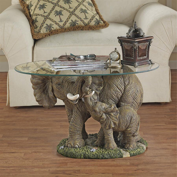 Elephant Mother and Baby Calf African Majesty Cocktail Table with Glass 18H