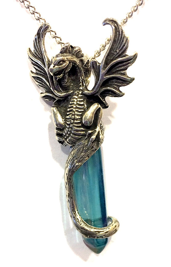 Winged Dragon Holding Long Crystal Fantasy Pewter Pendant Necklace - Aqua Aura