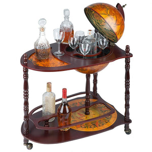 Old World Extended Shelf 16th Century Italian Replica Globe Bar Cart 34.5H