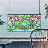 Beaucoup De Fleurs Blue Green Rectangle Stained Glass Window 12H x 23W