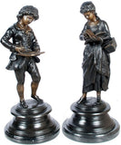 Museumize:French Boy and Girl Children Reading Books Statue Pair, Lost Wax Bronze - 7936